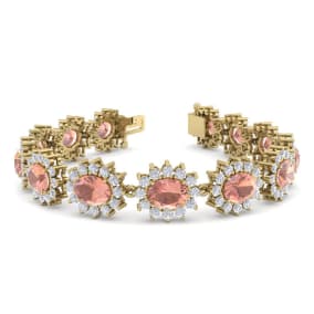 Pink Gemstones 19 Carat Oval Shape Morganite and Halo Diamond Bracelet In 14 Karat Yellow Gold, 7 Inches