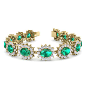 19 Carat Oval Shape Emerald and Halo Diamond Bracelet In 14 Karat Yellow Gold, 7 Inches