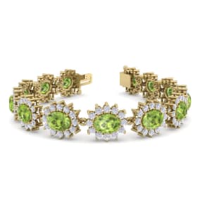 22 Carat Oval Shape Peridot and Halo Diamond Bracelet In 14 Karat Yellow Gold, 7 Inches