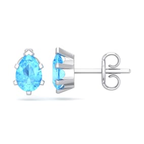 1 Carat Pear Shape Blue Topaz Stud Earrings In Sterling Silver