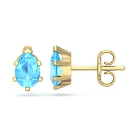 1 Carat Pear Shape Blue Topaz Stud Earrings In 14K Yellow Gold Over Sterling Silver