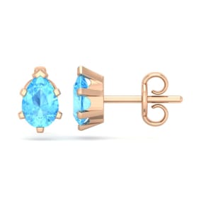 1 Carat Pear Shape Blue Topaz Stud Earrings In 14K Rose Gold Over Sterling Silver