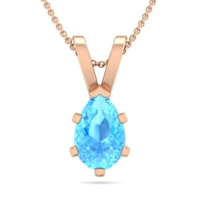 1 Carat Pear Shape Blue Topaz Necklace In 14K Rose Gold Over Sterling Silver, 18 Inches