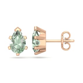 1 1/2 Carat Pear Shape Green Amethyst Stud Earrings In 14K Rose Gold Over Sterling Silver