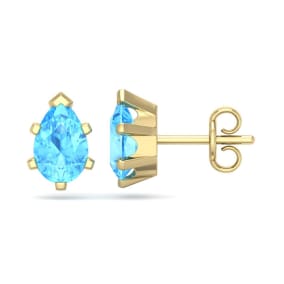 2 Carat Pear Shape Blue Topaz Stud Earrings In 14K Yellow Gold Over Sterling Silver