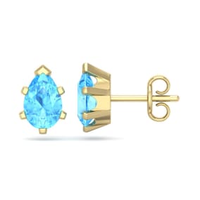 2 Carat Pear Shape Blue Topaz Stud Earrings In 14K Yellow Gold Over Sterling Silver