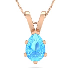 1 1/2 Carat Pear Shape Blue Topaz Necklace In 14K Rose Gold Over Sterling Silver, 18 Inches