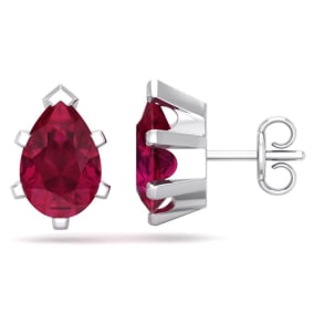 3 Carat Pear Shape Ruby Stud Earrings In Sterling Silver