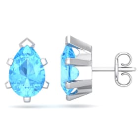 3 Carat Pear Shape Blue Topaz Stud Earrings In Sterling Silver