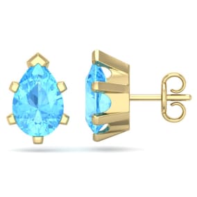 3 Carat Pear Shape Blue Topaz Stud Earrings In 14K Yellow Gold Over Sterling Silver