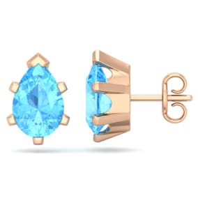 3 Carat Pear Shape Blue Topaz Stud Earrings In 14K Rose Gold Over Sterling Silver