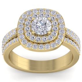 1 3/4 Carat Natural Double Halo Diamond Engagement Ring In 14 Karat Yellow Gold