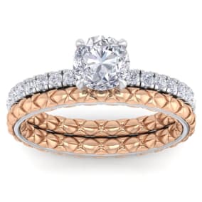 1 1/2 Carat Round Shape Diamond Bridal Set In Quilted 14 Karat White and Rose Gold