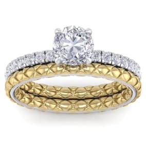 1 1/2 Carat Round Shape Diamond Bridal Set In Quilted 14 Karat White and Yellow Gold