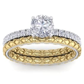 1 1/2 Carat Natural Round Shape Diamond Bridal Set In Quilted 14 Karat White and Yellow Gold