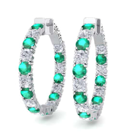 7 Carat Emerald and Diamond Hoop Earrings In 14 Karat White Gold, 1 1/4 Inch