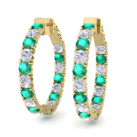 7 Carat Emerald and Diamond Hoop Earrings In 14 Karat Yellow Gold, 1 1/4 Inch