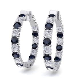 7 Carat Sapphire and Diamond Hoop Earrings In 14 Karat White Gold, 1 1/4 Inch
