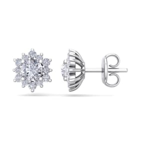 1 Carat Natural Round Shape Flower Halo Diamond Stud Earrings In 14 Karat White Gold