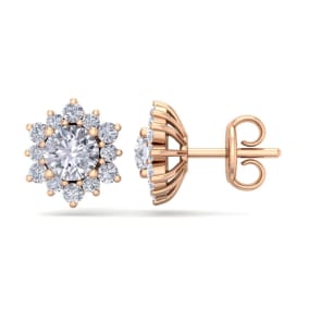 1 1/2 Carat Round Shape Flower Halo Moissanite Stud Earrings In 14 Karat Rose Gold