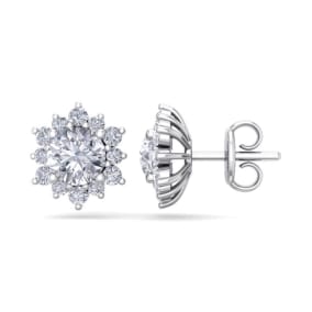 2 Carat Round Shape Flower Halo Moissanite Stud Earrings In 14 Karat White Gold