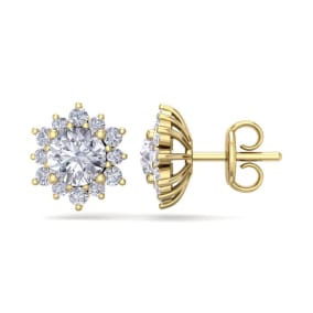 2 Carat Round Shape Flower Halo Moissanite Stud Earrings In 14 Karat Yellow Gold