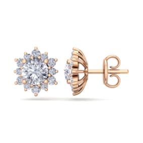 2 Carat Round Shape Flower Halo Moissanite Stud Earrings In 14 Karat Rose Gold