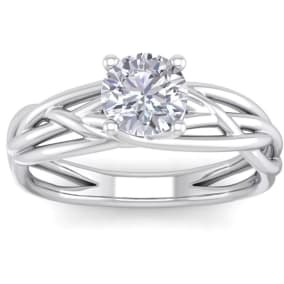 Moissanite Engagement Ring; 1 Carat Round Moissanite Solitaire Intricate Vine Engagement Ring In 14 Karat White Gold