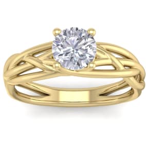 Moissanite Engagement Ring; 1 Carat Round Moissanite Solitaire Intricate Vine Engagement Ring In 14 Karat Yellow Gold
