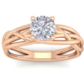 Moissanite Engagement Ring; 1 Carat Round Moissanite Solitaire Intricate Vine Engagement Ring In 14 Karat Rose Gold