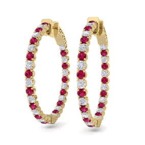 5 Carat Ruby and Diamond Hoop Earrings In 14 Karat Yellow Gold, 1 1/4 Inch