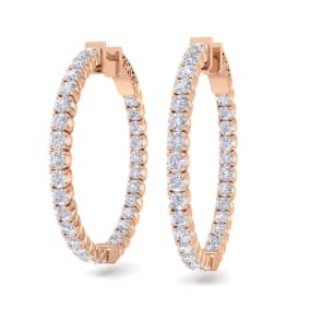 3 1/2 Carat Diamond Hoop Earrings In 14 Karat Rose Gold, 1 Inch