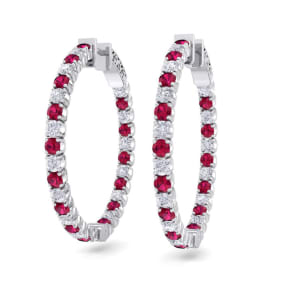 3 1/2 Carat Ruby and Diamond Hoop Earrings In 14 Karat White Gold, 1 Inch