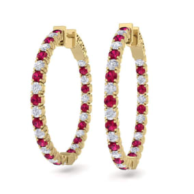 3 1/2 Carat Ruby and Diamond Hoop Earrings In 14 Karat Yellow Gold, 1 Inch