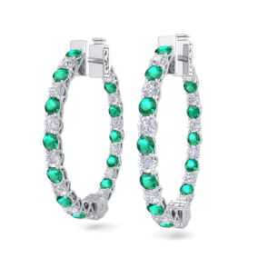 3 Carat Emerald and Diamond Hoop Earrings In 14 Karat White Gold, 3/4 Inch