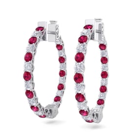 3 Carat Ruby and Diamond Hoop Earrings In 14 Karat White Gold, 3/4 Inch