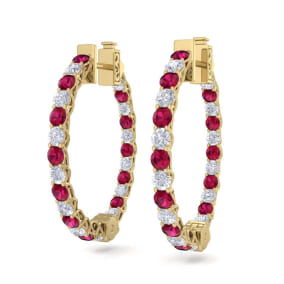 3 Carat Ruby and Diamond Hoop Earrings In 14 Karat Yellow Gold, 3/4 Inch