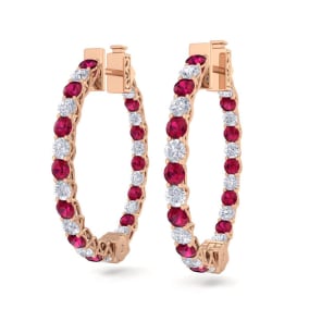 3 Carat Ruby and Diamond Hoop Earrings In 14 Karat Rose Gold, 3/4 Inch