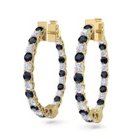 3 Carat Sapphire and Diamond Hoop Earrings In 14 Karat Yellow Gold, 3/4 Inch