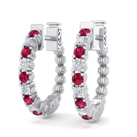 1/2 Carat Ruby and Diamond Hoop Earrings In 14 Karat White Gold, 1/2 Inch