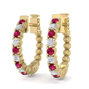 1/2 Carat Ruby and Diamond Hoop Earrings In 14 Karat Yellow Gold, 1/2 Inch