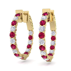 2 Carat Ruby and Diamond Hoop Earrings In 14 Karat Yellow Gold, 3/4 Inch