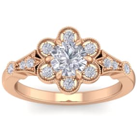 Moissanite Engagement Ring; 1 Carat Round Shape Moissanite Vintage Engagement Ring In Rose Gold Over Sterling Silver