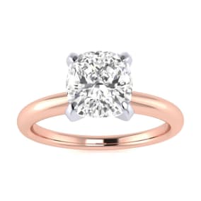 Moissanite Engagement Ring; 1 1/2 Carat Cushion Cut Moissanite Solitaire Engagement Ring In 14 Karat Rose Gold