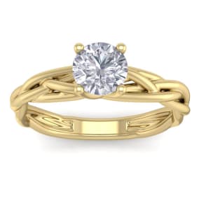 1 Carat Round Diamond Solitaire Intricate Vine Engagement Ring With Tapered Band In 14 Karat Yellow Gold
