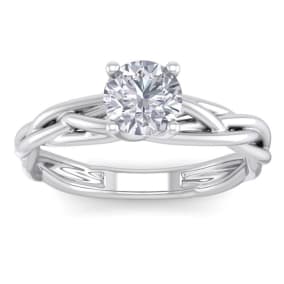 1 Carat Round Diamond Solitaire Intricate Vine Engagement Ring With Tapered Band In 14 Karat White Gold