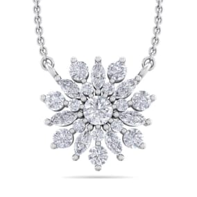 1/2 Carat Natural Round Diamond Flower Necklace In 14 Karat White Gold, 18 Inches