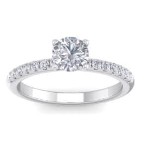 Moissanite Engagement Ring; 1 Carat Round Shape Classic Moissanite Engagement Ring In 14 Karat White Gold