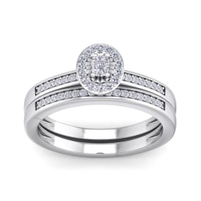 1/4 Carat Pave Oval Shape Halo Diamond Bridal Set in Sterling Silver