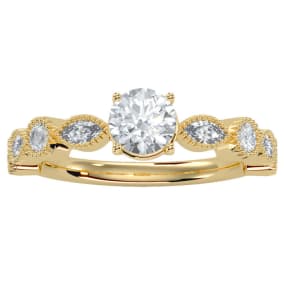 1 1/4 Carat Natural Round and Marquise Vintage Diamond Engagement Ring In 14 Karat Yellow Gold